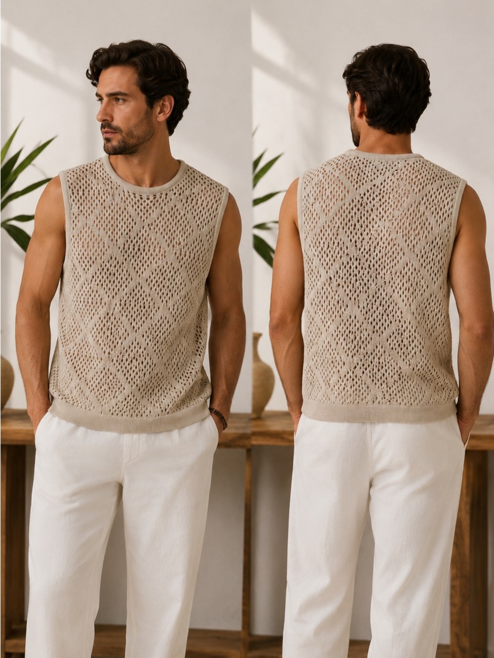 Massive Luxury Cream Knit Sleeveless Button-Down Shirt